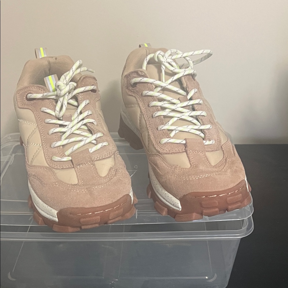 Beige Suede & Leather Chunky Lace-Up Sneakers